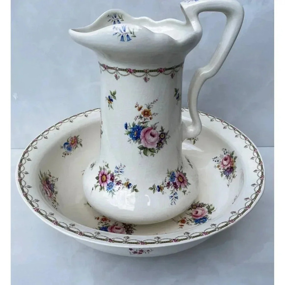 Vintage Ironstone Pitcher and Large Basin Bowl White Pink Flower - Picture 3 of 15